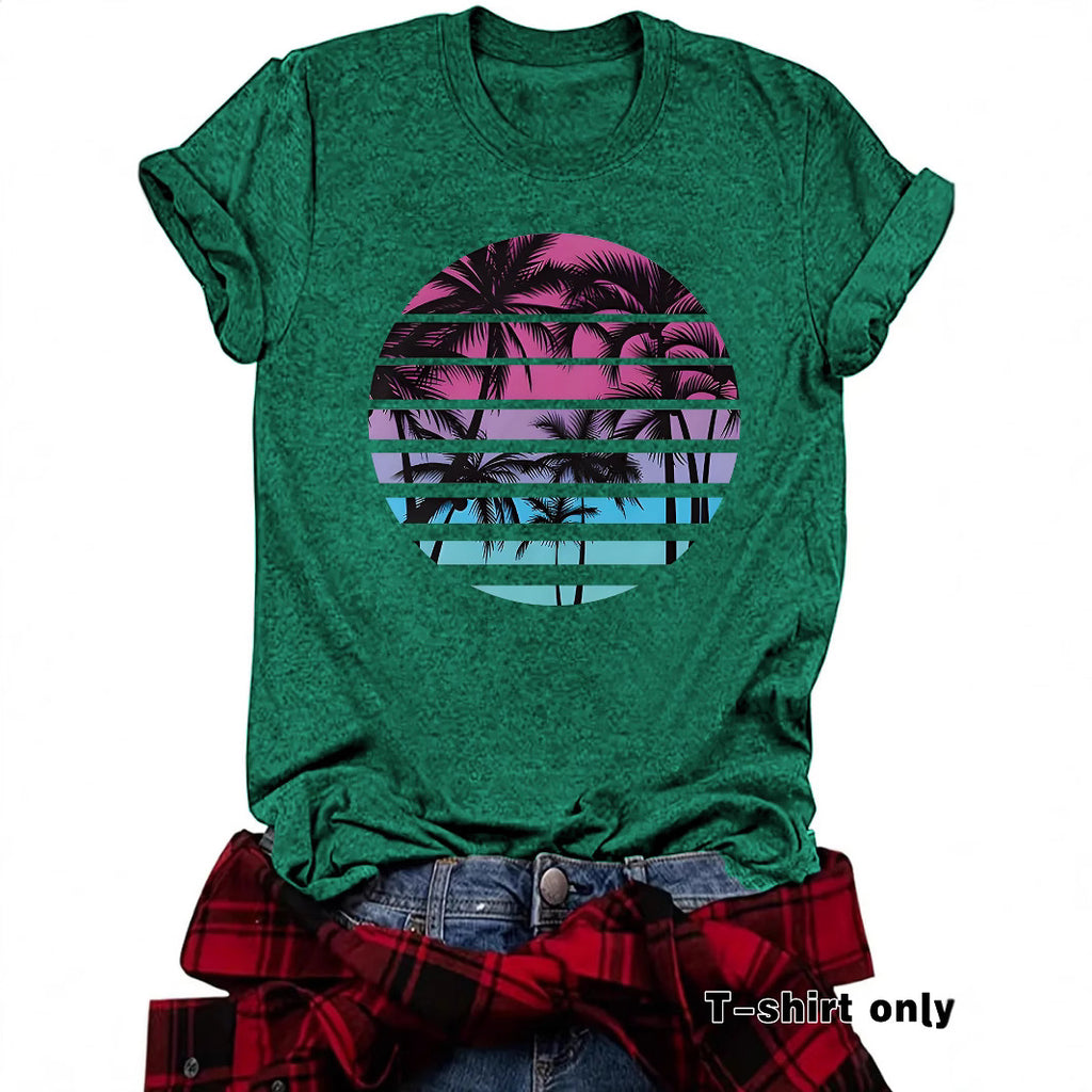 Beach Shirts for Women Coconut Trees Printed T-shirt Short Sleeve T-shirt