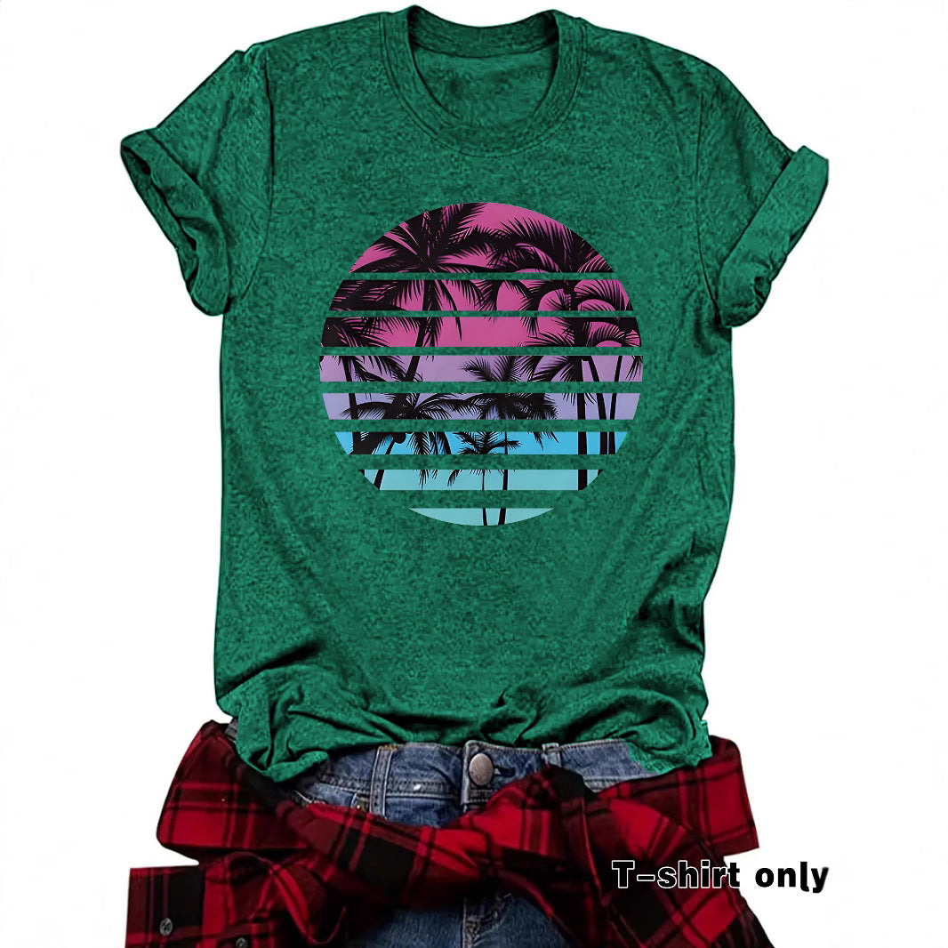 Beach Shirts for Women Coconut Trees Printed T-shirt Short Sleeve T-shirt