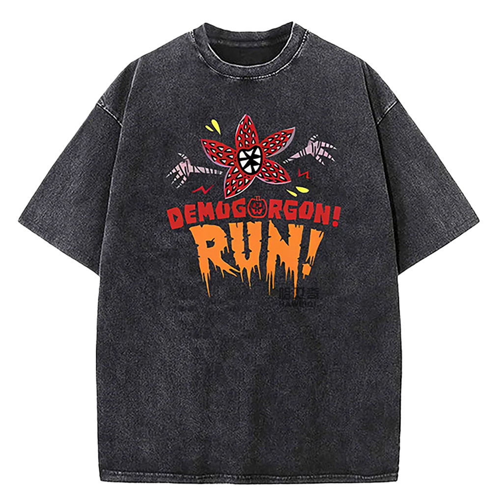 Retro Washed Cotton T-Shirts with Character Print