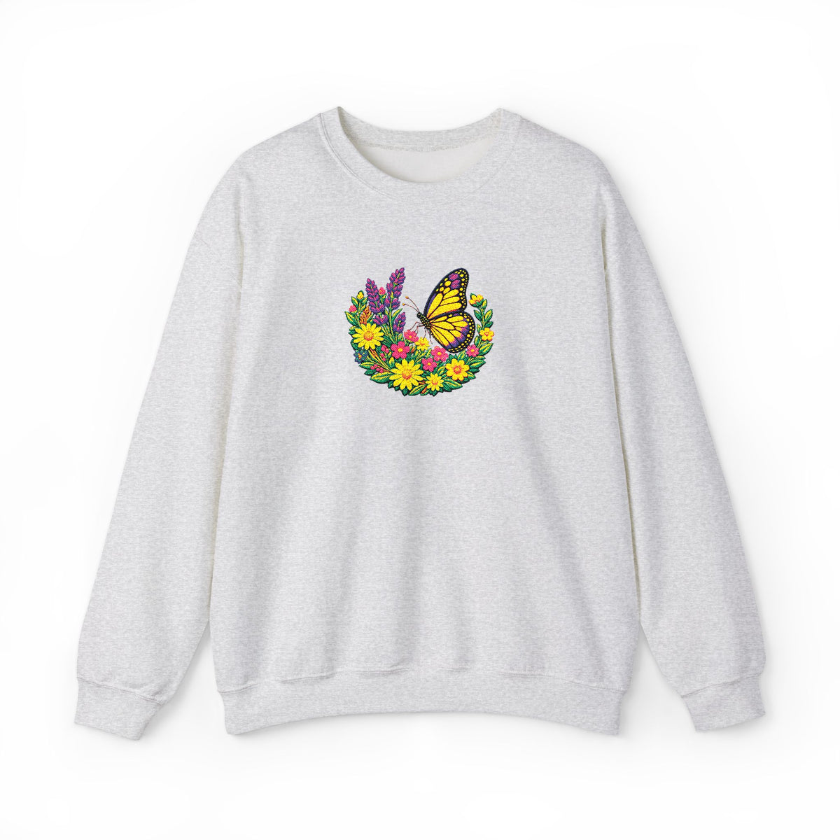 Butterfly Floral Crewneck Sweatshirt —Embroidery  Yellow Monarch Flower Wreath