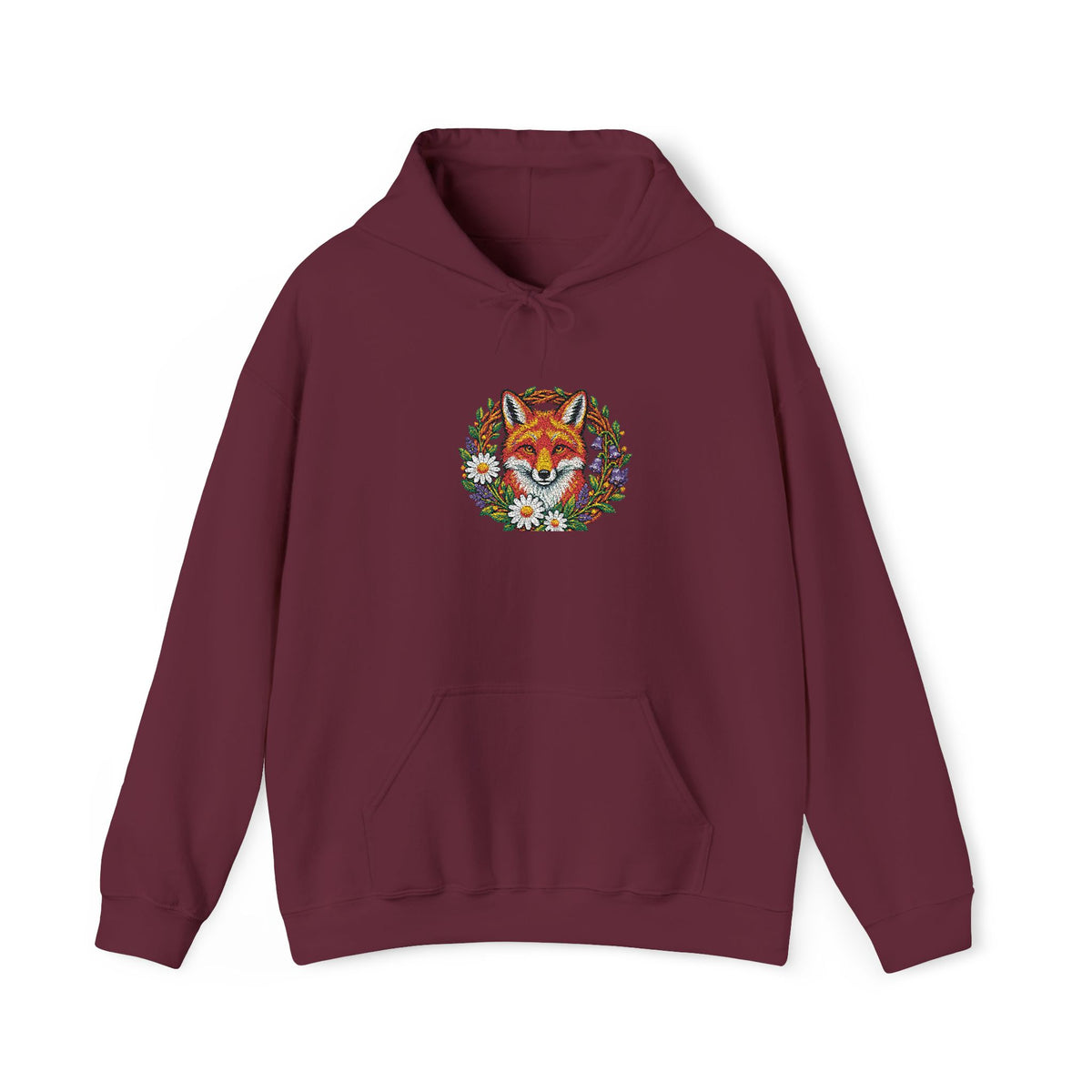 Embroidery Floral Fox Hoodie — Colorful Watercolor Animal Graphic Sweatshirt