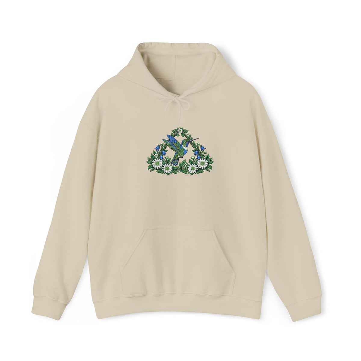 Embroidery Bird Floral Delta Triangle Hoodie — Blue & Green Botanical Graphic