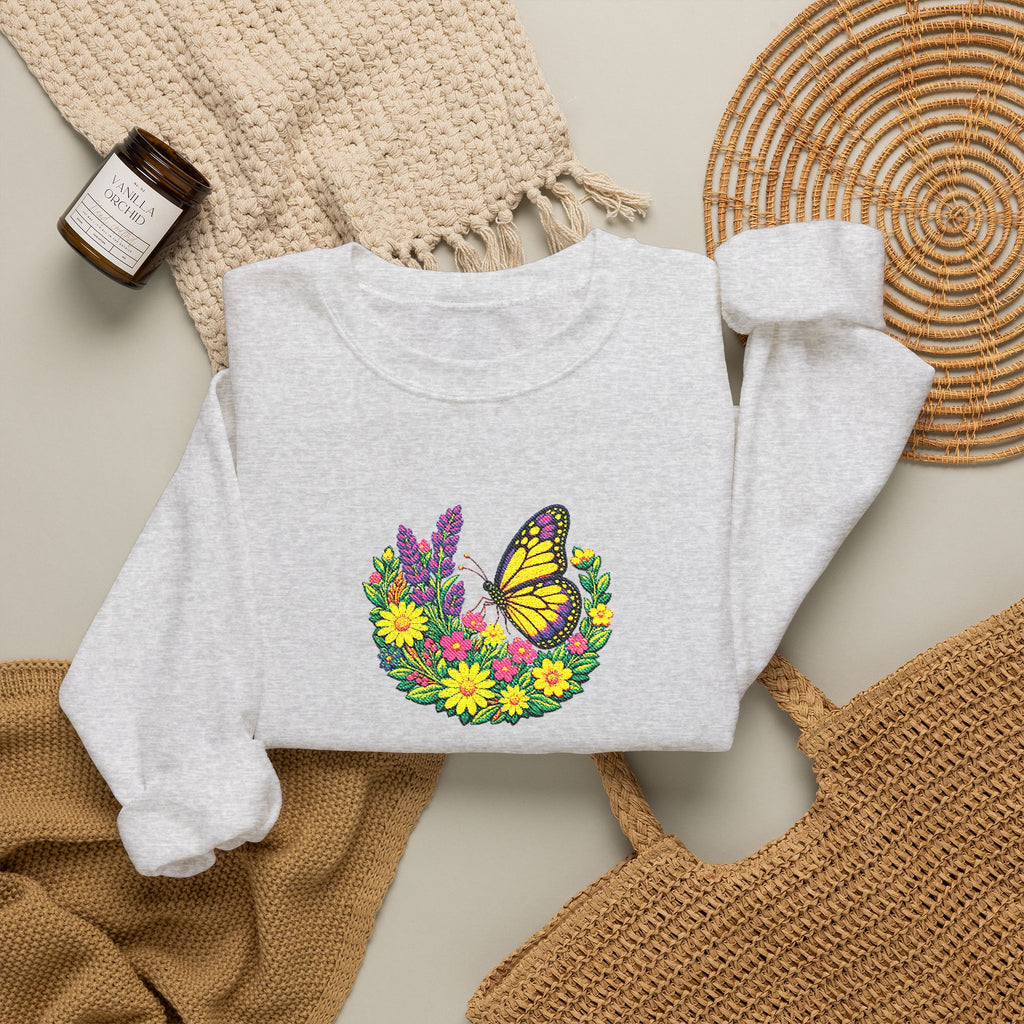 Butterfly Floral Crewneck Sweatshirt —Embroidery  Yellow Monarch Flower Wreath