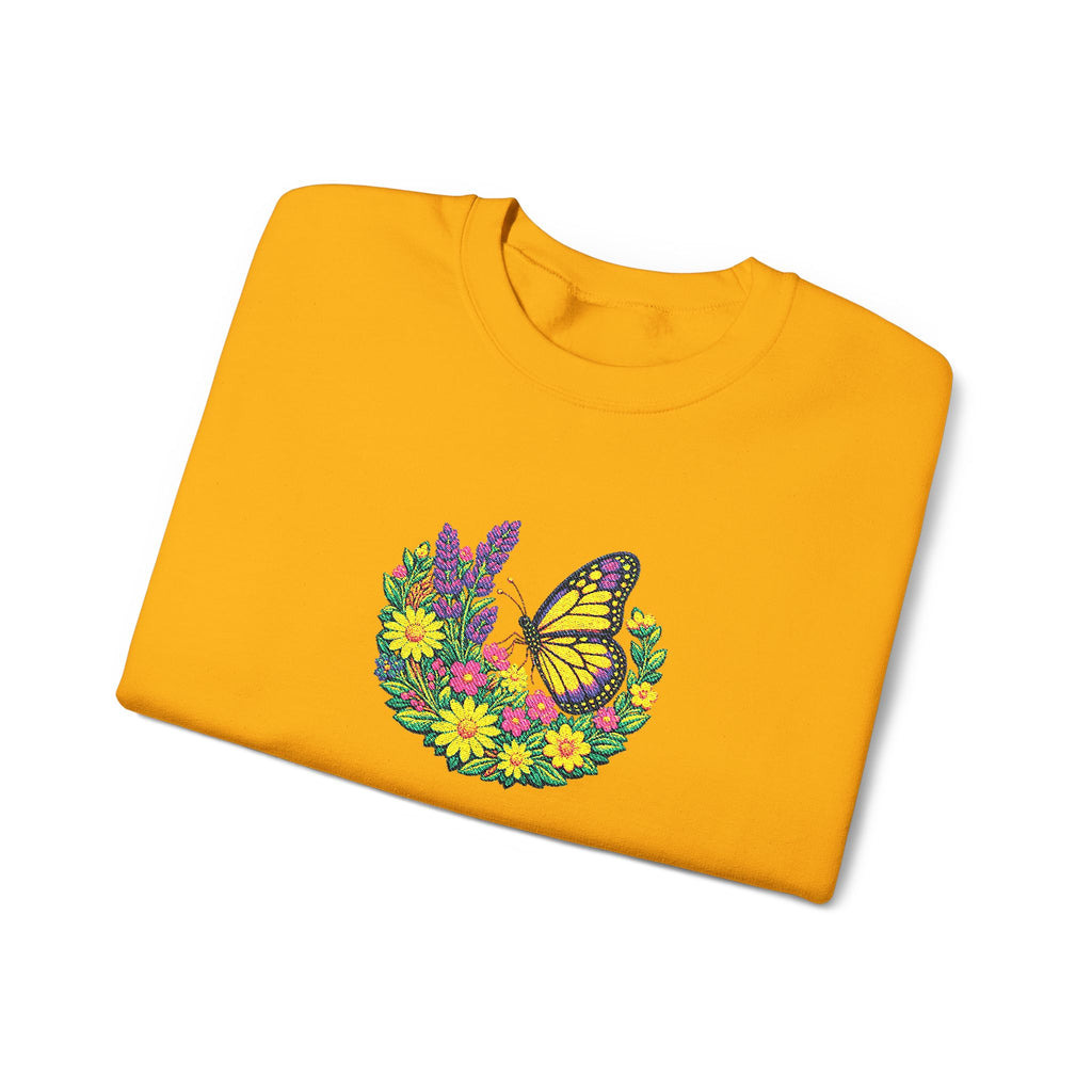 Butterfly Floral Crewneck Sweatshirt —Embroidery  Yellow Monarch Flower Wreath