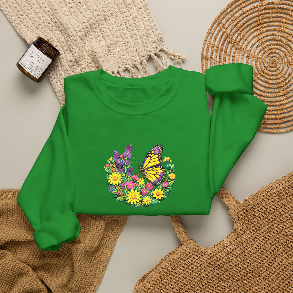 Butterfly Floral Crewneck Sweatshirt —Embroidery  Yellow Monarch Flower Wreath
