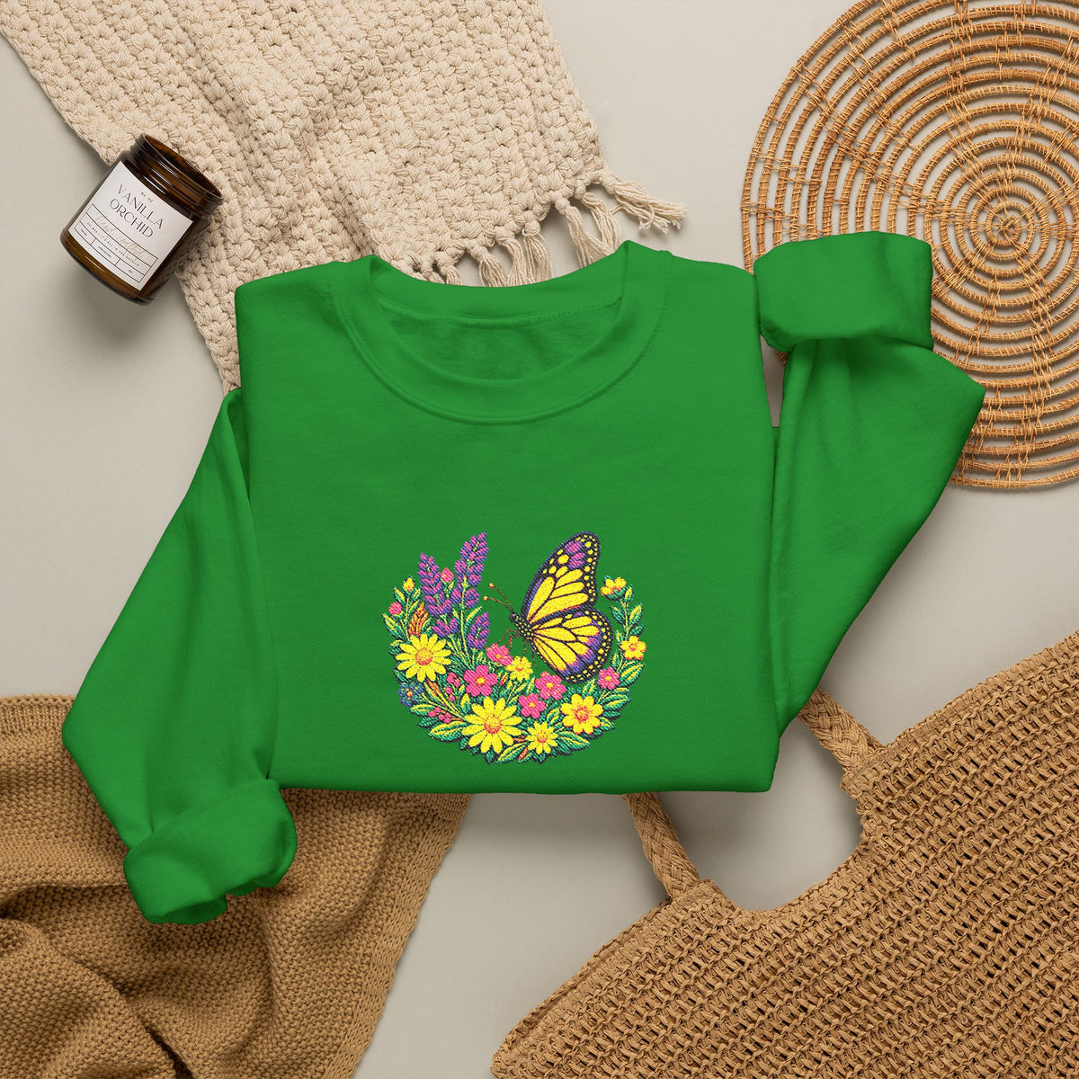 Butterfly Floral Crewneck Sweatshirt —Embroidery  Yellow Monarch Flower Wreath