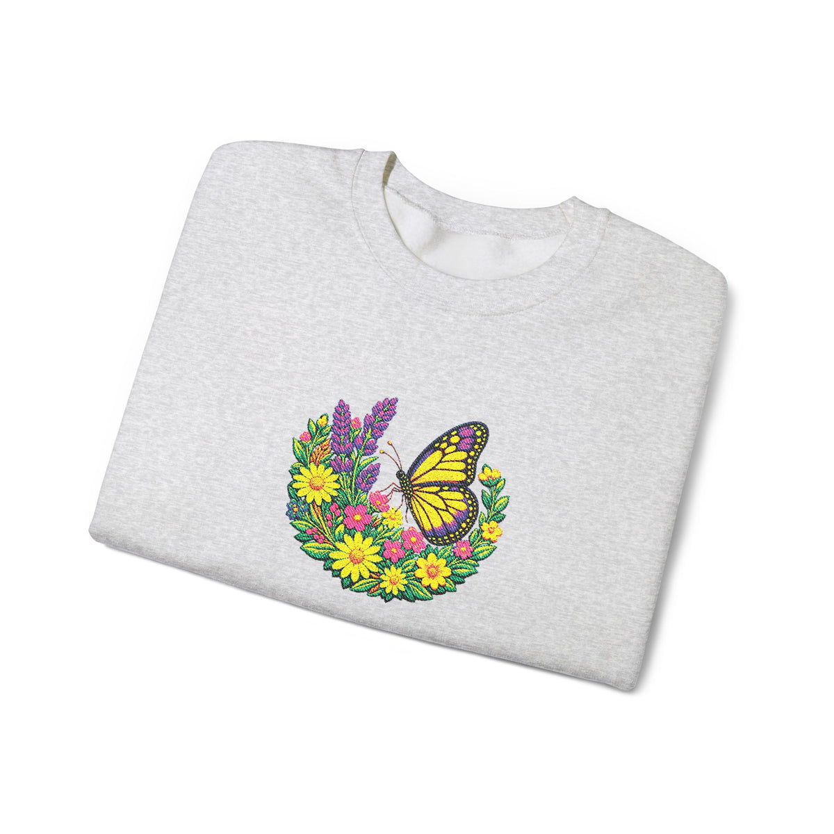 Butterfly Floral Crewneck Sweatshirt —Embroidery  Yellow Monarch Flower Wreath