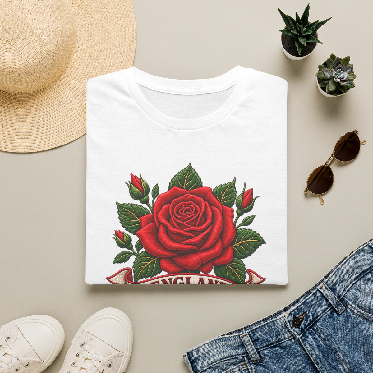 England Rose T-Shirt — Vintage Red Rose Floral Crest Tee