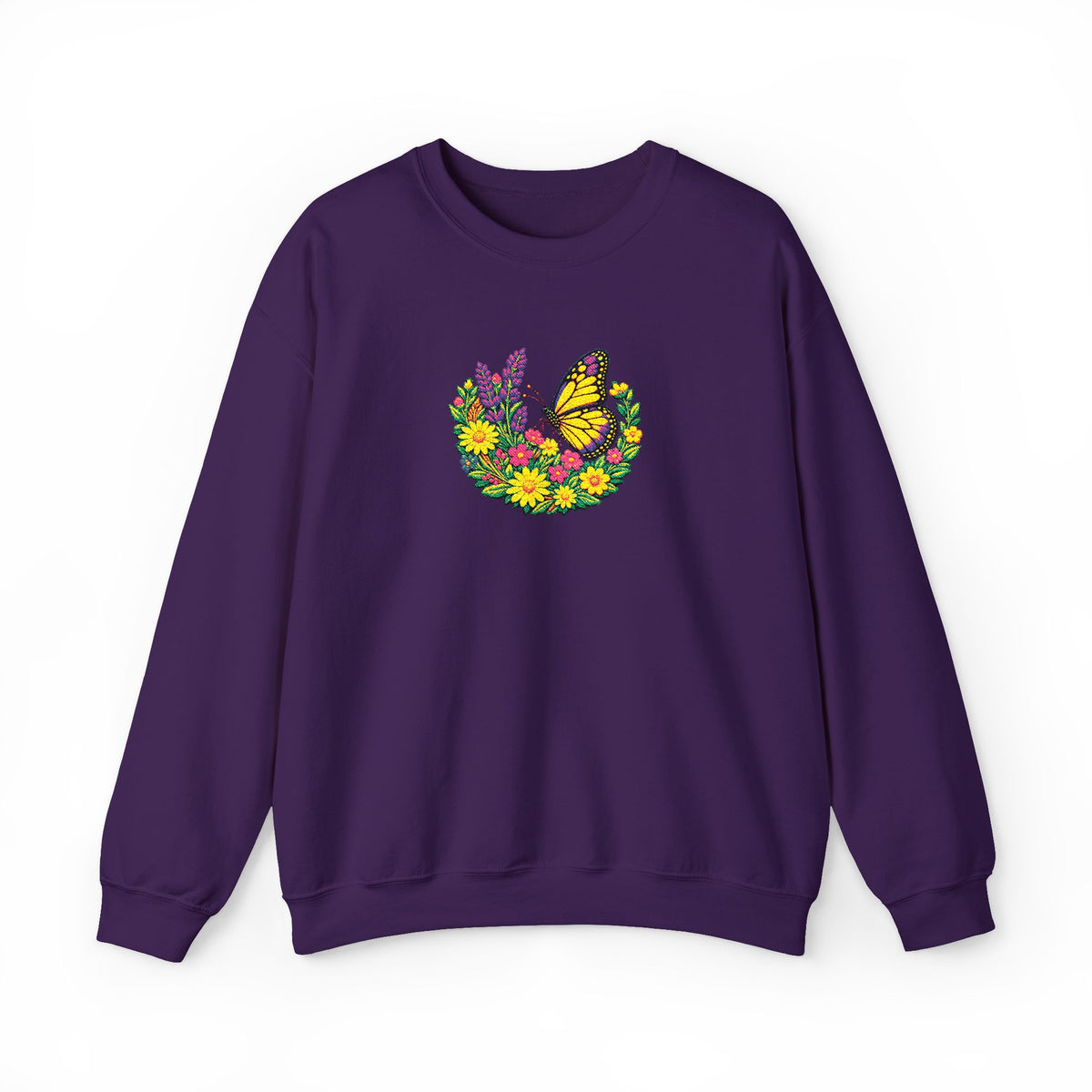 Butterfly Floral Crewneck Sweatshirt —Embroidery  Yellow Monarch Flower Wreath