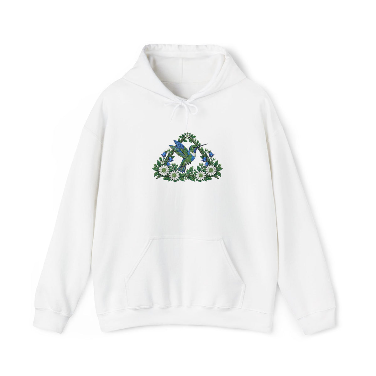 Embroidery Bird Floral Delta Triangle Hoodie — Blue & Green Botanical Graphic