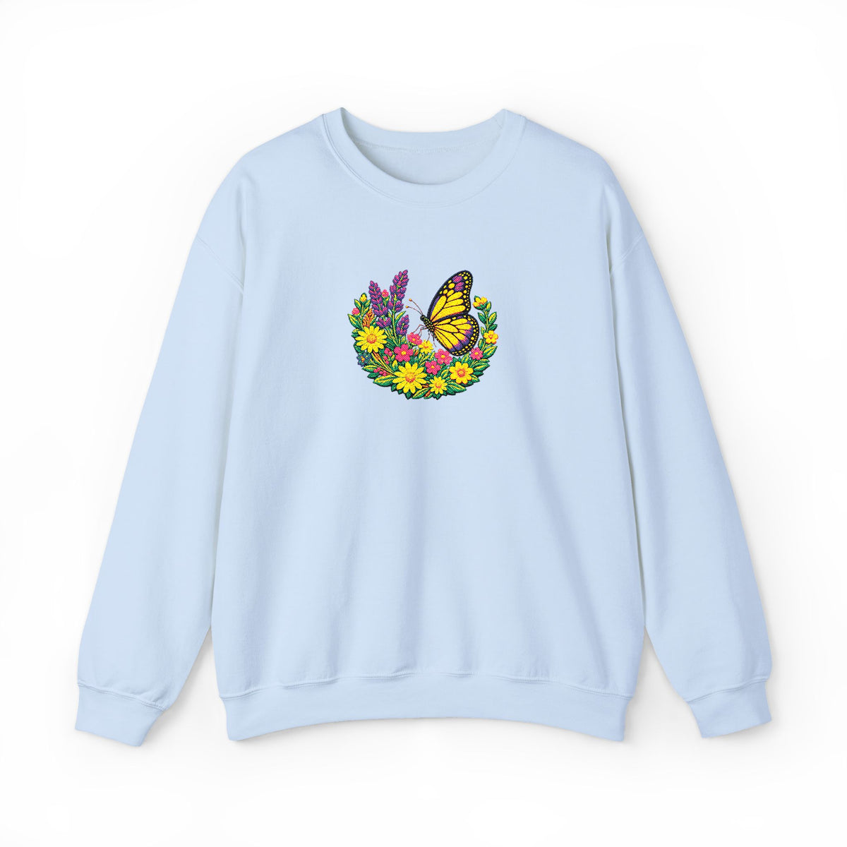 Butterfly Floral Crewneck Sweatshirt —Embroidery  Yellow Monarch Flower Wreath