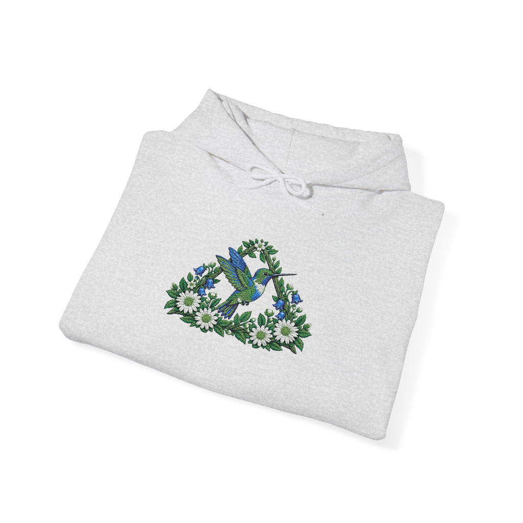 Embroidery Bird Floral Delta Triangle Hoodie — Blue & Green Botanical Graphic