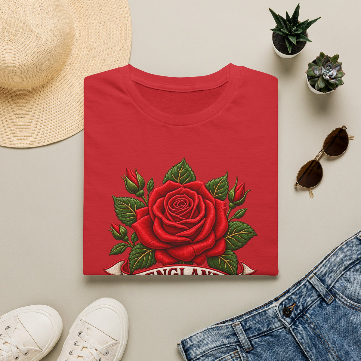 England Rose T-Shirt — Vintage Red Rose Floral Crest Tee