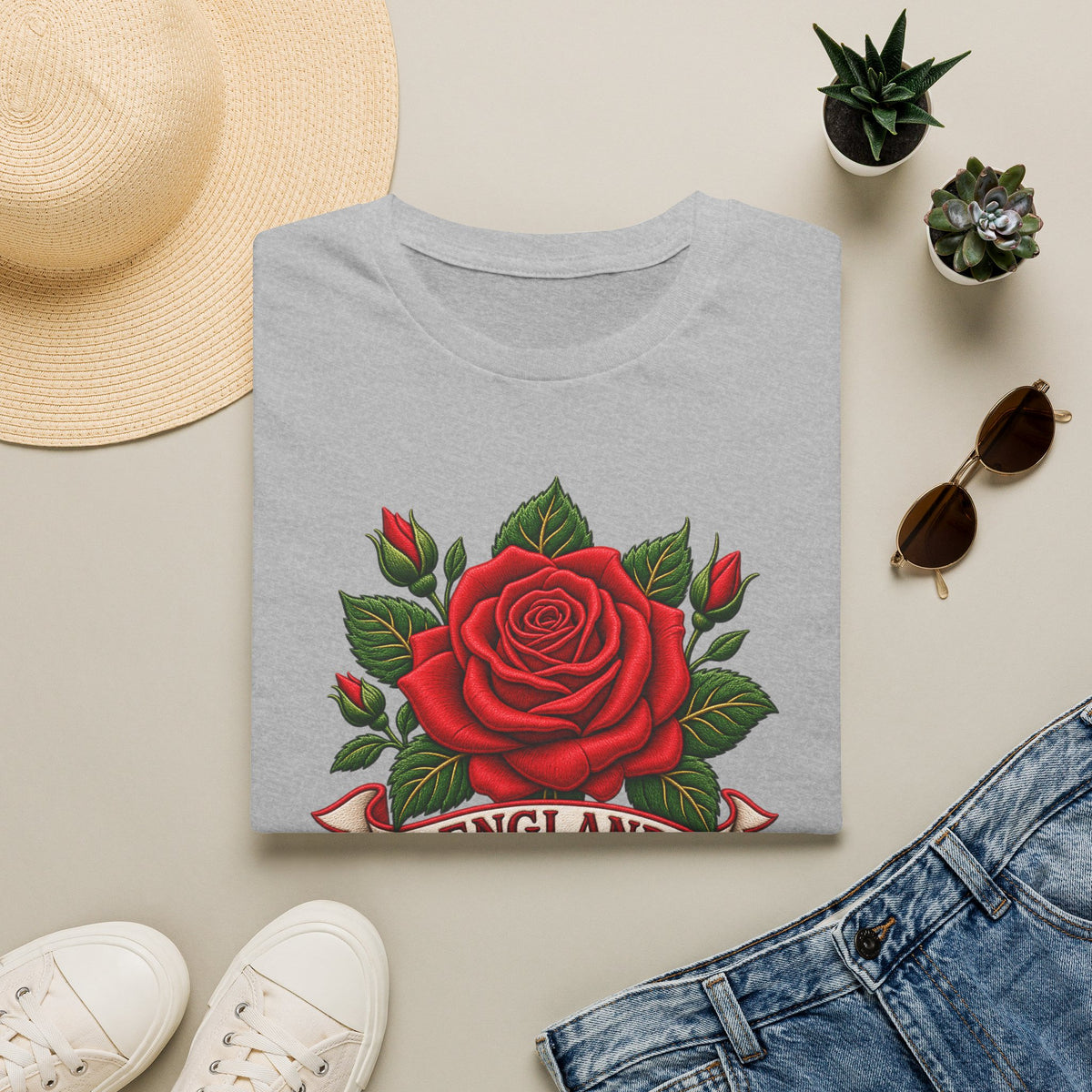 England Rose T-Shirt — Vintage Red Rose Floral Crest Tee