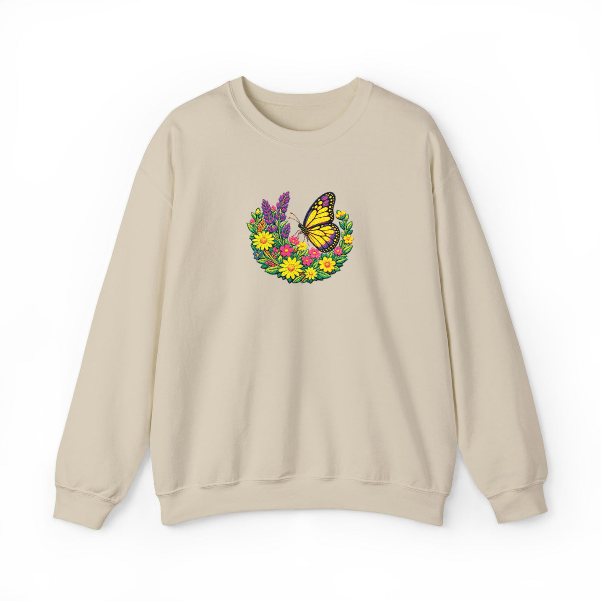 Butterfly Floral Crewneck Sweatshirt —Embroidery  Yellow Monarch Flower Wreath