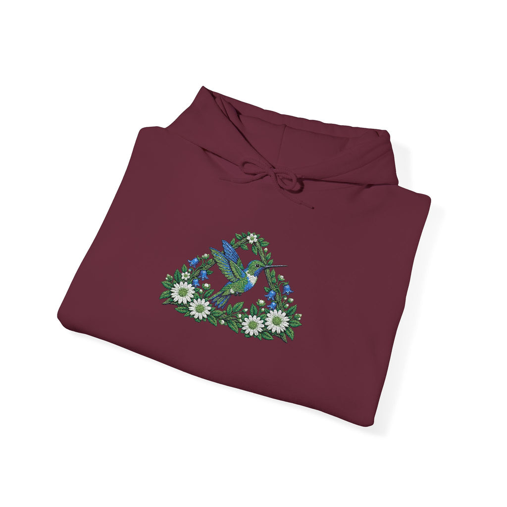 Embroidery Bird Floral Delta Triangle Hoodie — Blue & Green Botanical Graphic