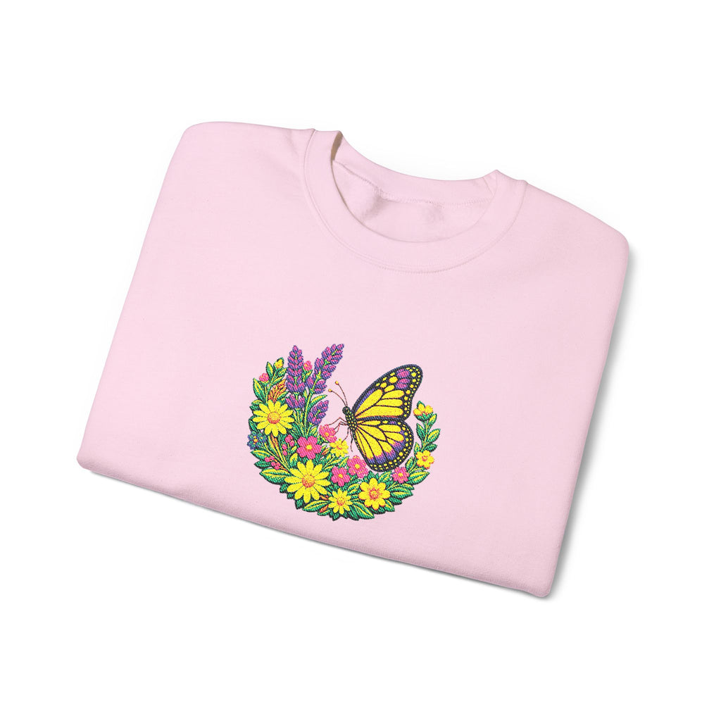 Butterfly Floral Crewneck Sweatshirt —Embroidery  Yellow Monarch Flower Wreath