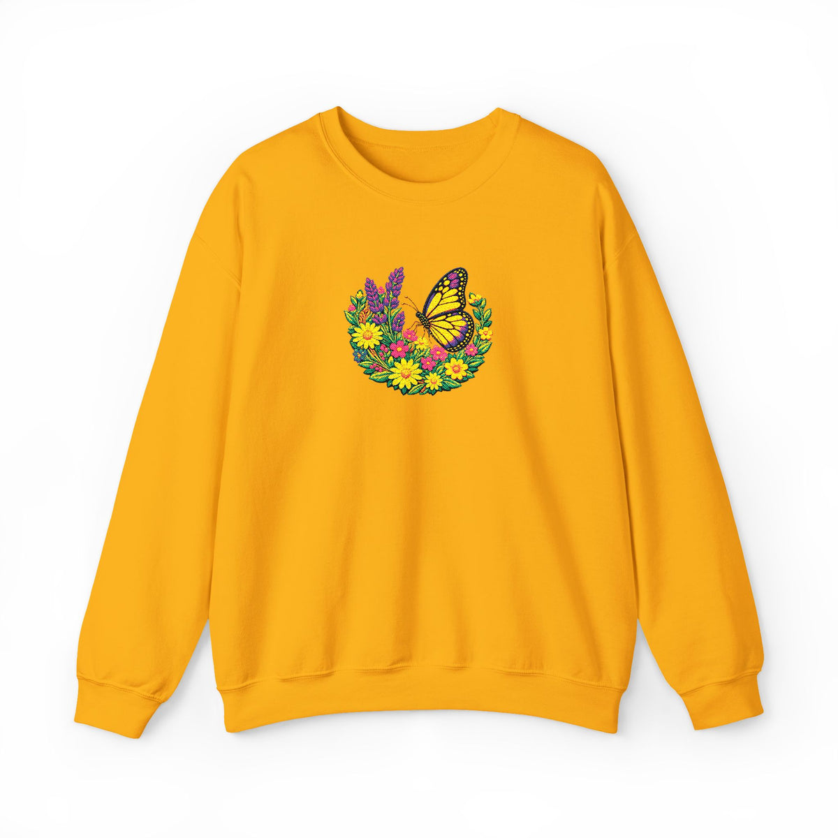 Butterfly Floral Crewneck Sweatshirt —Embroidery  Yellow Monarch Flower Wreath
