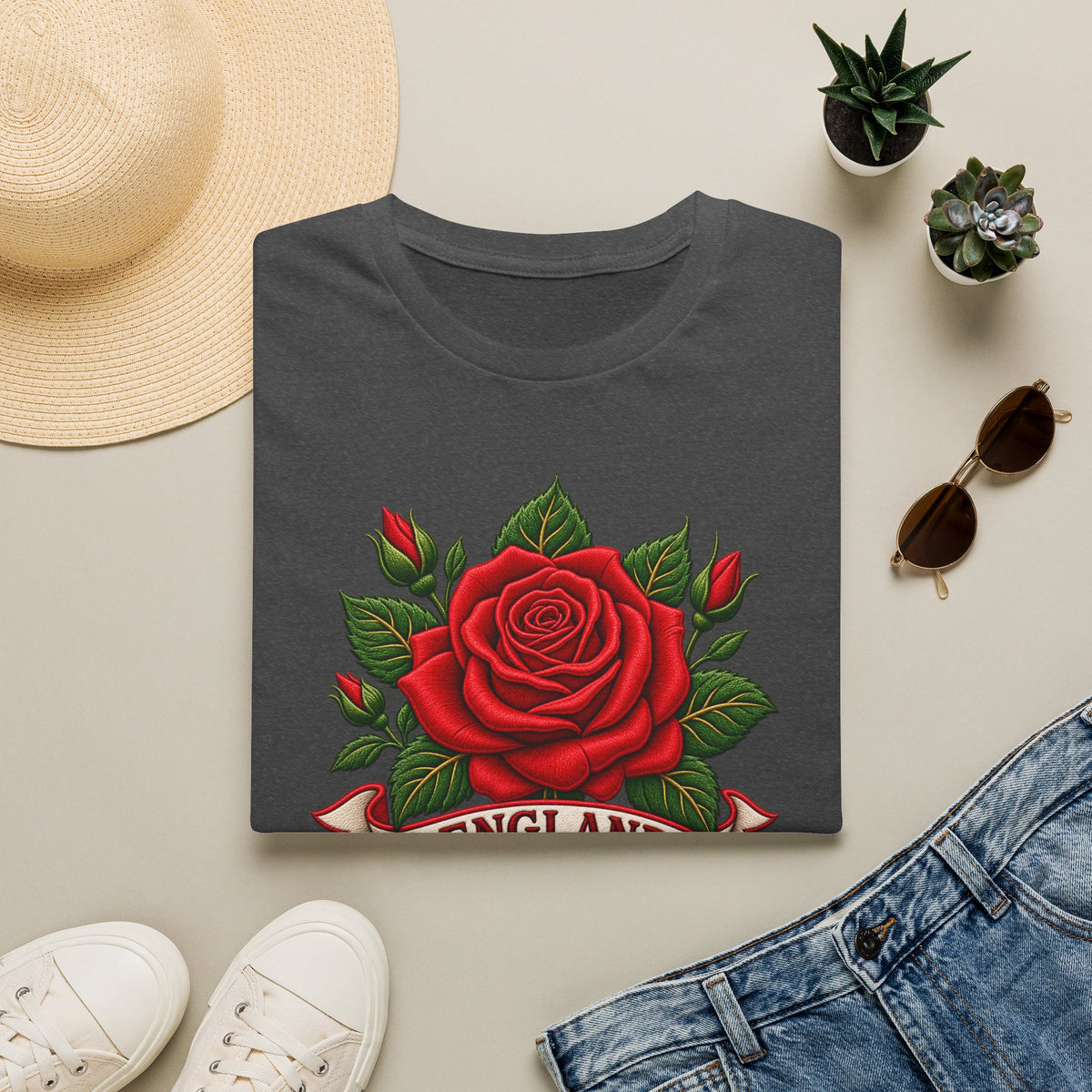 England Rose T-Shirt — Vintage Red Rose Floral Crest Tee