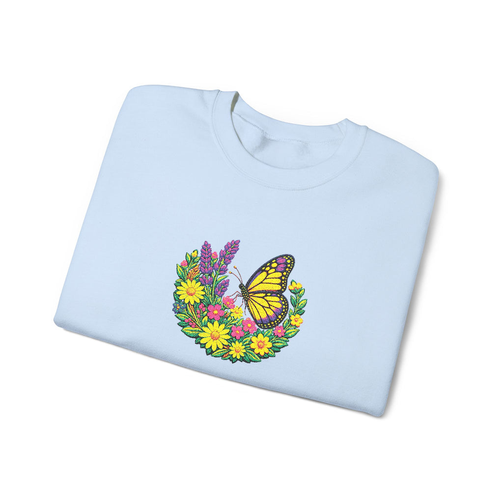 Butterfly Floral Crewneck Sweatshirt —Embroidery  Yellow Monarch Flower Wreath