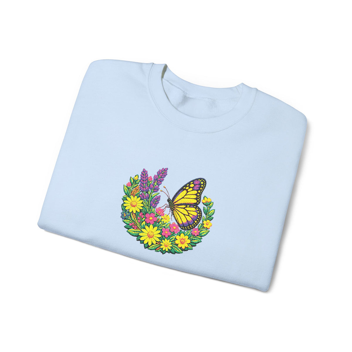 Butterfly Floral Crewneck Sweatshirt —Embroidery  Yellow Monarch Flower Wreath