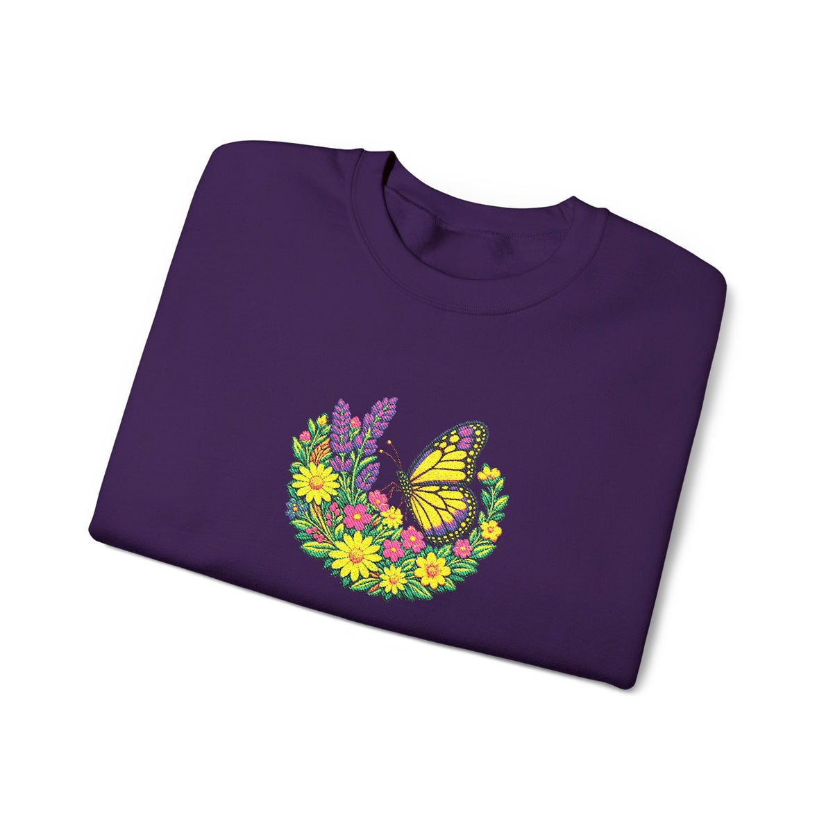 Butterfly Floral Crewneck Sweatshirt —Embroidery  Yellow Monarch Flower Wreath