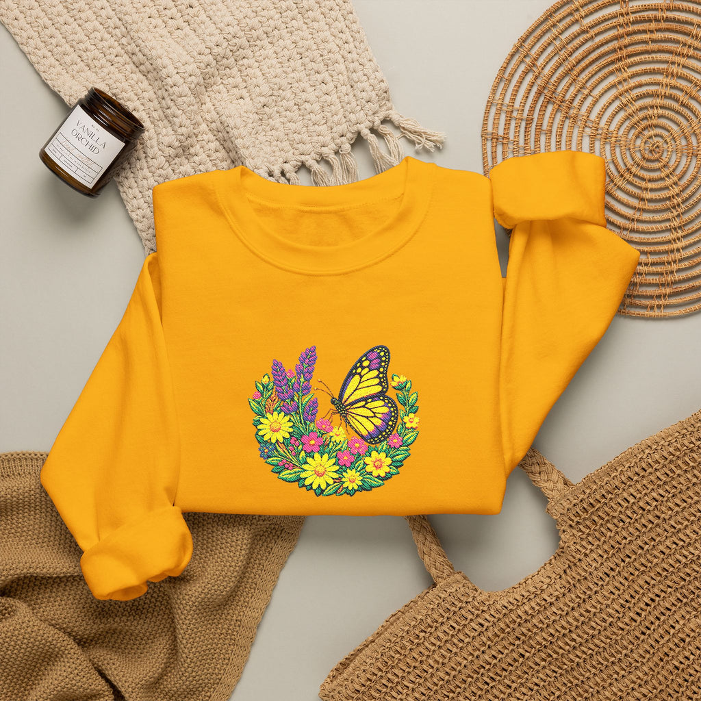 Butterfly Floral Crewneck Sweatshirt —Embroidery  Yellow Monarch Flower Wreath