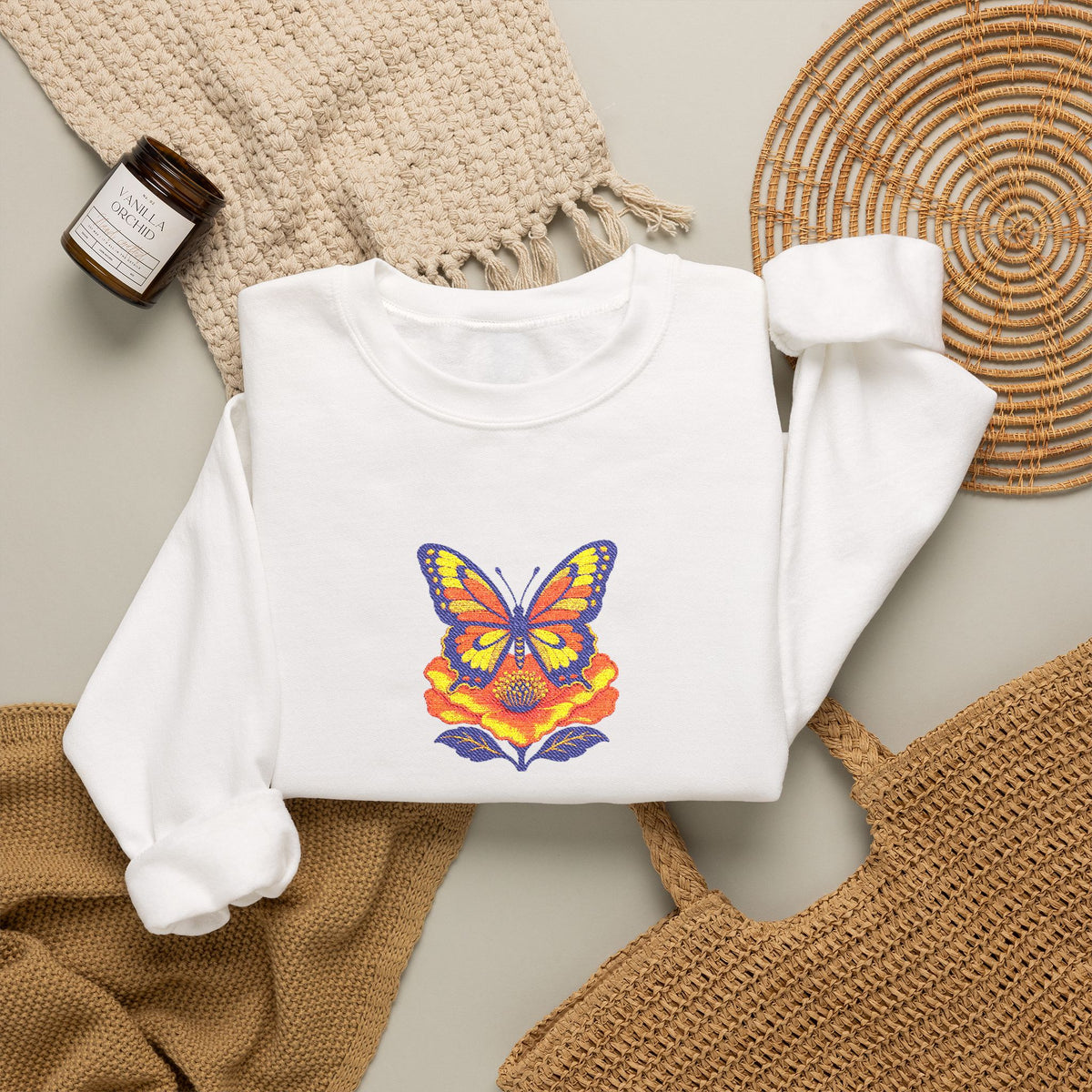 Butterfly Fox Crewneck Sweatshirt — Embroidery Colorful Geometric Animal Design