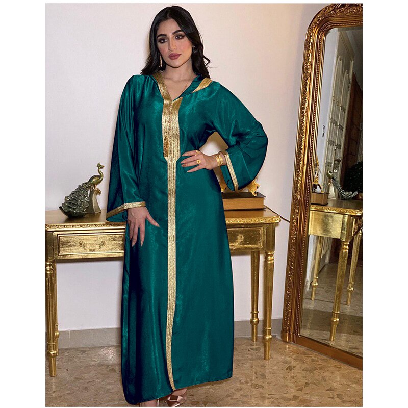 Dubai Abaya Jalabiya Hooded Maxi  Dress Long Sleeve  Islam Muslim Women Moroccan Kaftan ArabTurkey Robe Champagne White Green