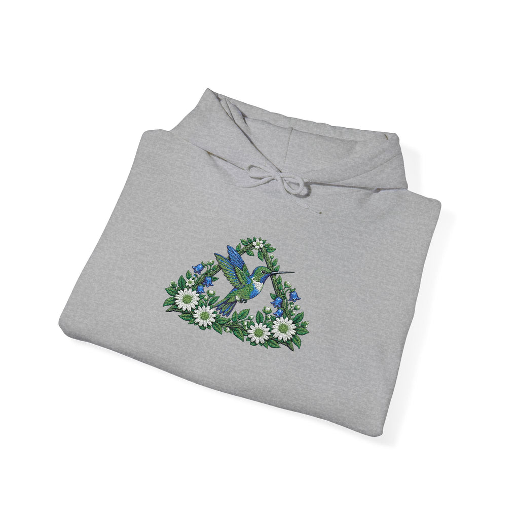 Embroidery Bird Floral Delta Triangle Hoodie — Blue & Green Botanical Graphic