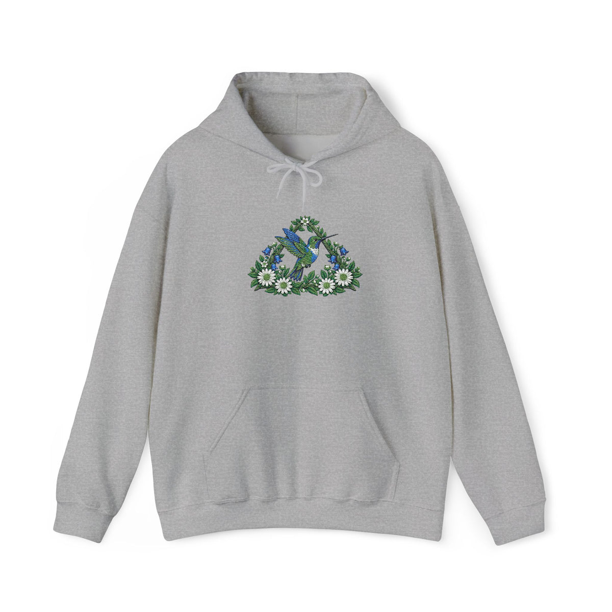 Embroidery Bird Floral Delta Triangle Hoodie — Blue & Green Botanical Graphic