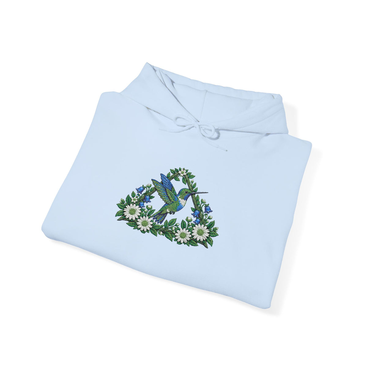 Embroidery Bird Floral Delta Triangle Hoodie — Blue & Green Botanical Graphic