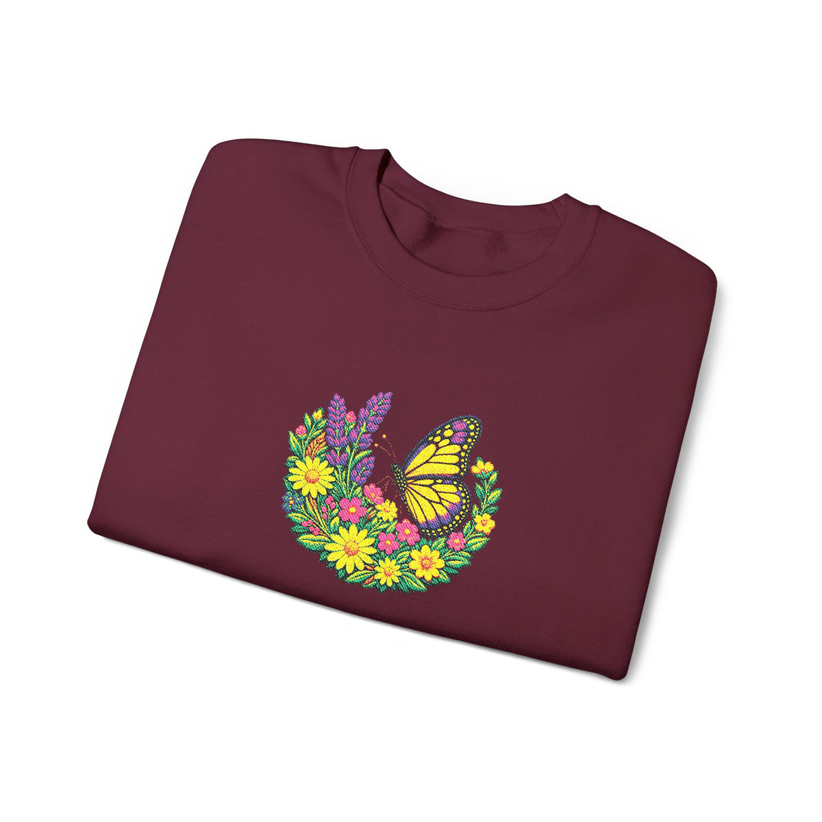 Butterfly Floral Crewneck Sweatshirt —Embroidery  Yellow Monarch Flower Wreath