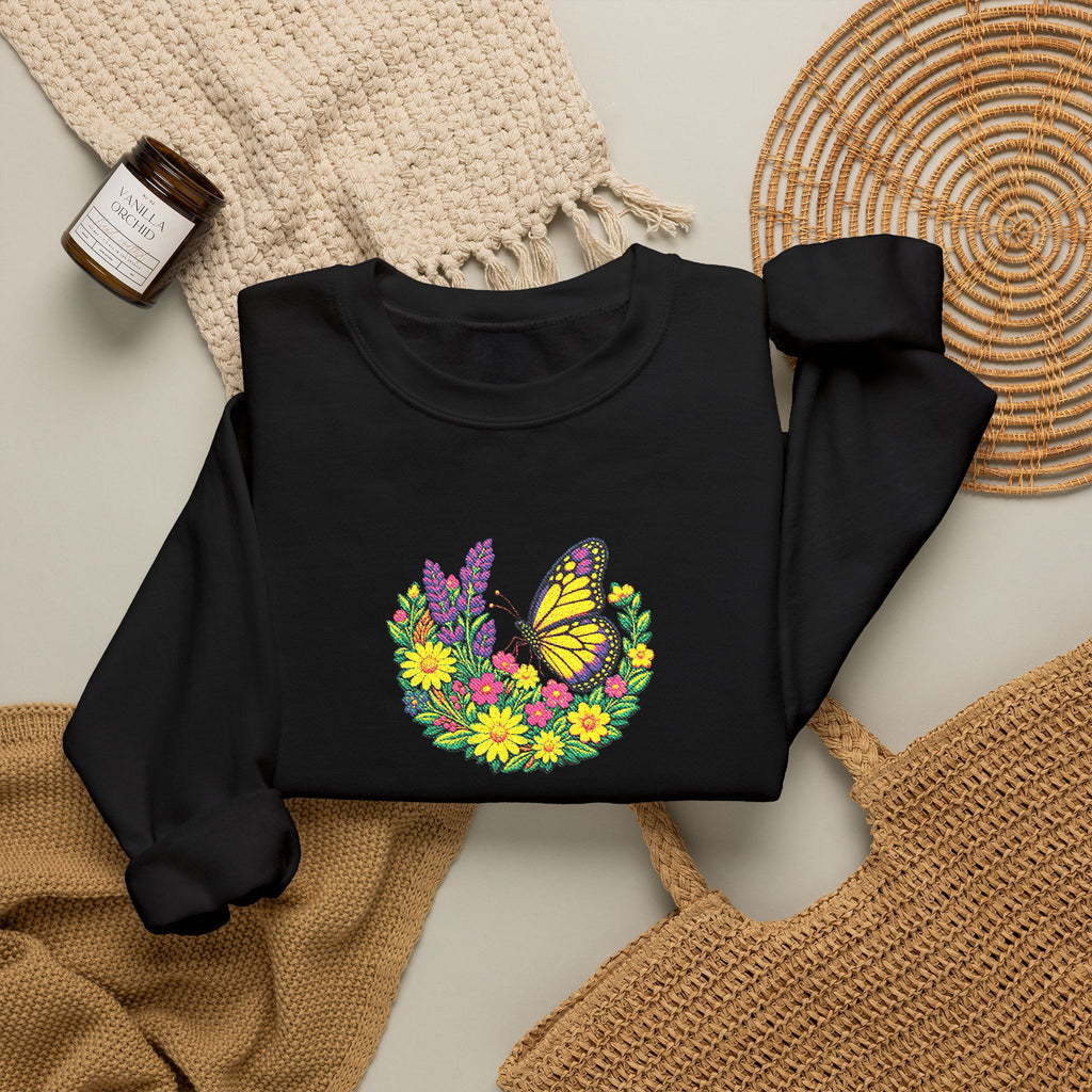 Butterfly Floral Crewneck Sweatshirt —Embroidery  Yellow Monarch Flower Wreath
