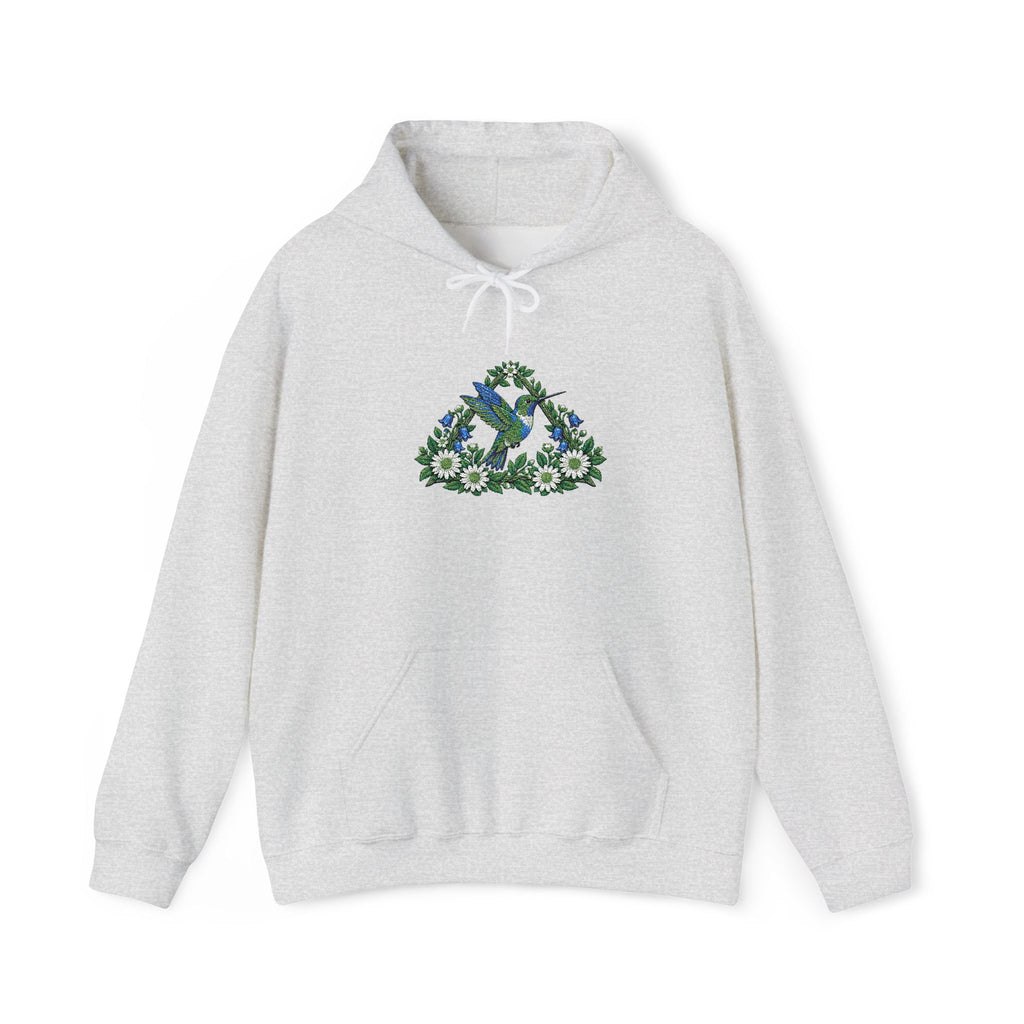 Embroidery Bird Floral Delta Triangle Hoodie — Blue & Green Botanical Graphic