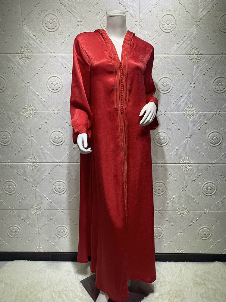 Dubai Abaya Jalabiya Hooded Maxi  Dress Long Sleeve  Islam Muslim Women Moroccan Kaftan ArabTurkey Robe Champagne White Green