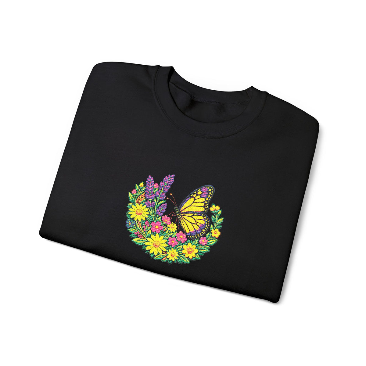 Butterfly Floral Crewneck Sweatshirt —Embroidery  Yellow Monarch Flower Wreath