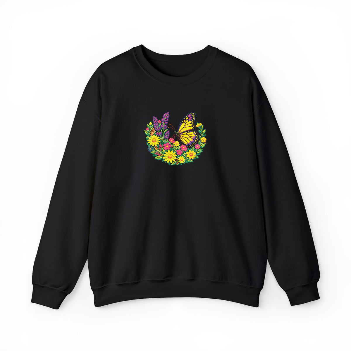 Butterfly Floral Crewneck Sweatshirt —Embroidery  Yellow Monarch Flower Wreath