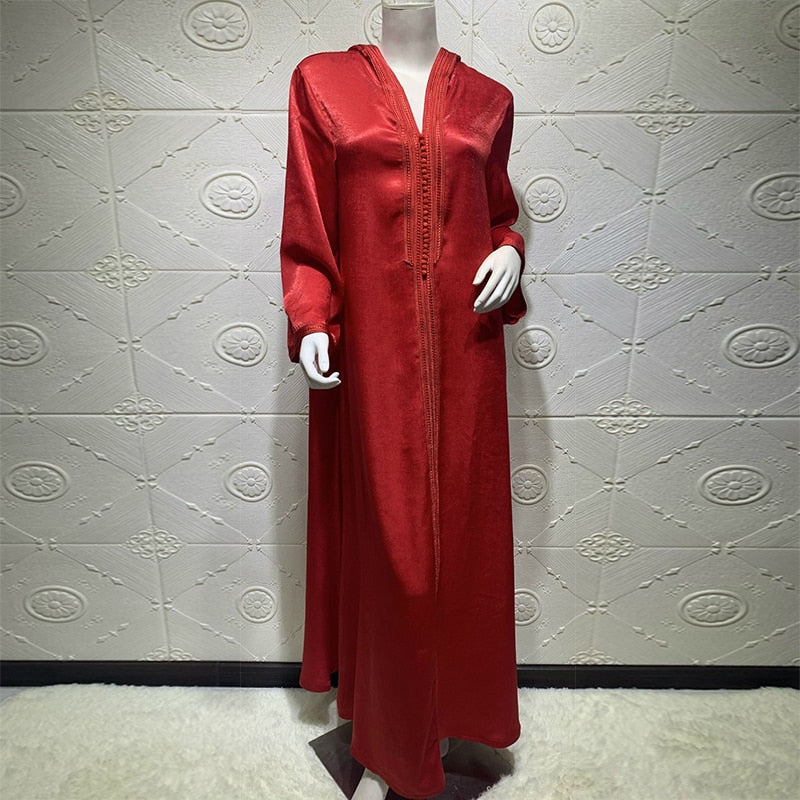 Dubai Abaya Jalabiya Hooded Maxi  Dress Long Sleeve  Islam Muslim Women Moroccan Kaftan ArabTurkey Robe Champagne White Green