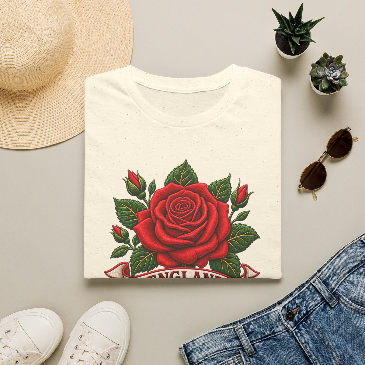 England Rose T-Shirt — Vintage Red Rose Floral Crest Tee