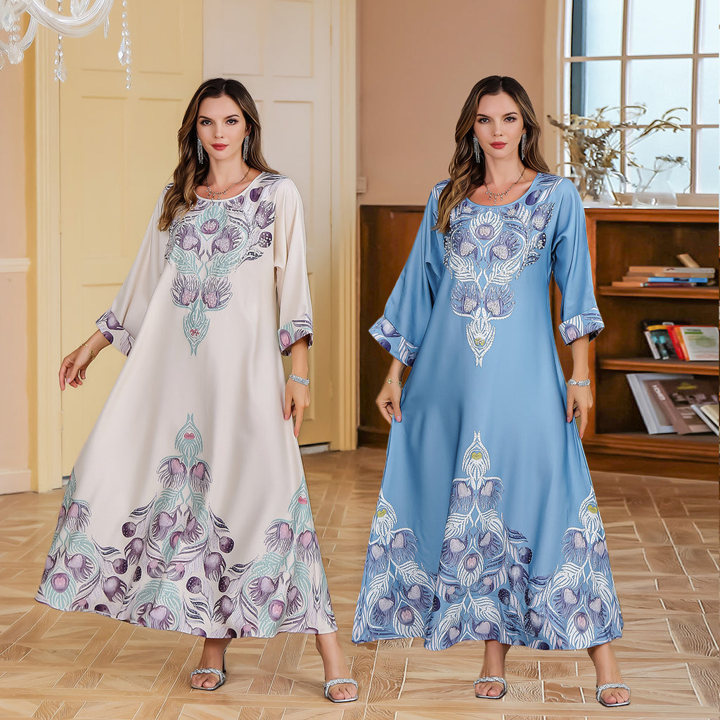 Muslim Rhinestone Printed Long Robe Women's Elegant Middle Eastern Dress Dubai Turkish Abaya Long Dress