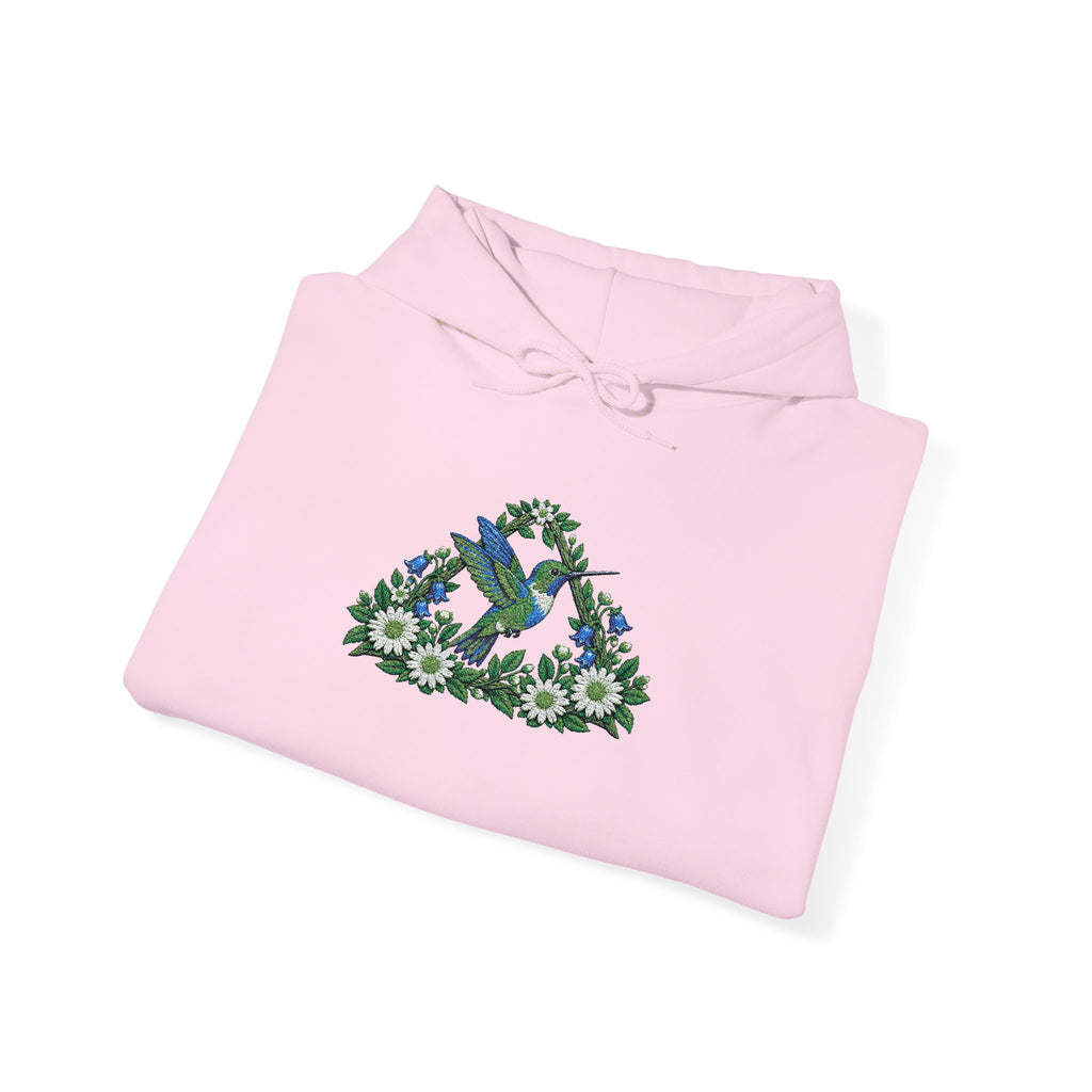 Embroidery Bird Floral Delta Triangle Hoodie — Blue & Green Botanical Graphic