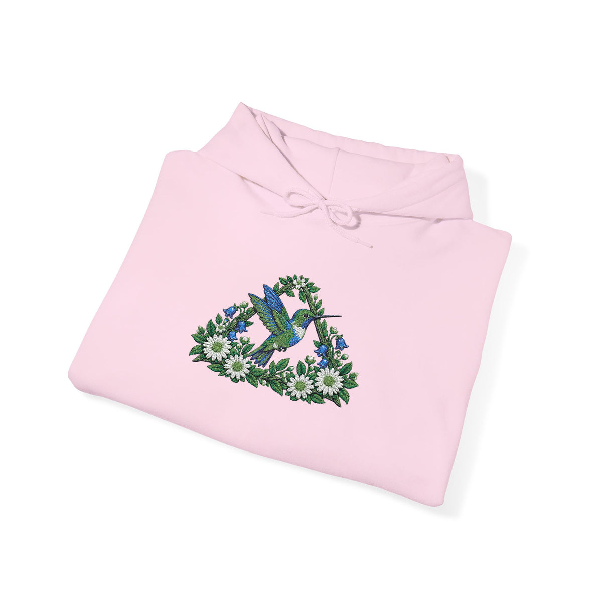 Embroidery Bird Floral Delta Triangle Hoodie — Blue & Green Botanical Graphic