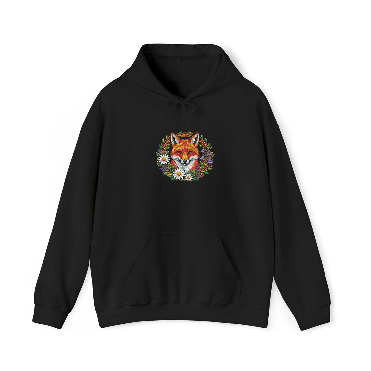 Embroidery Floral Fox Hoodie — Colorful Watercolor Animal Graphic Sweatshirt