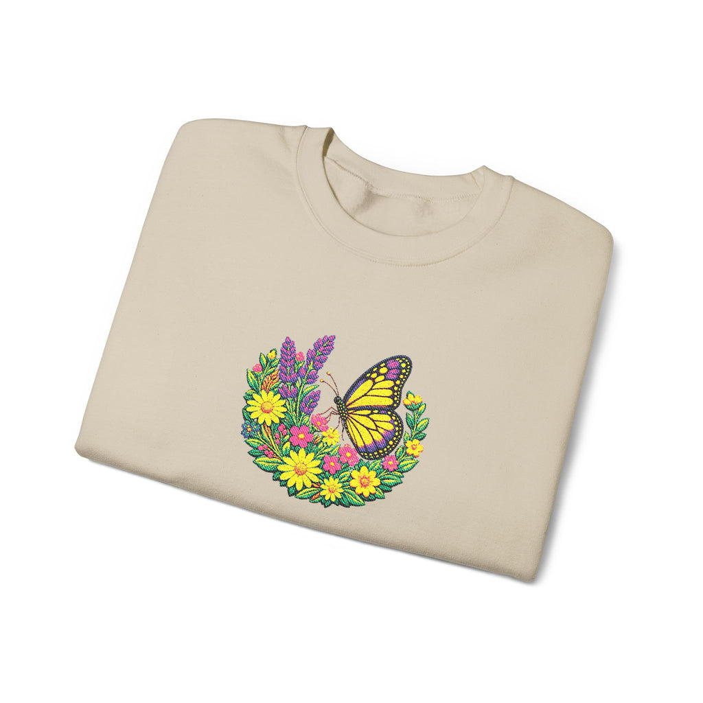 Butterfly Floral Crewneck Sweatshirt —Embroidery  Yellow Monarch Flower Wreath