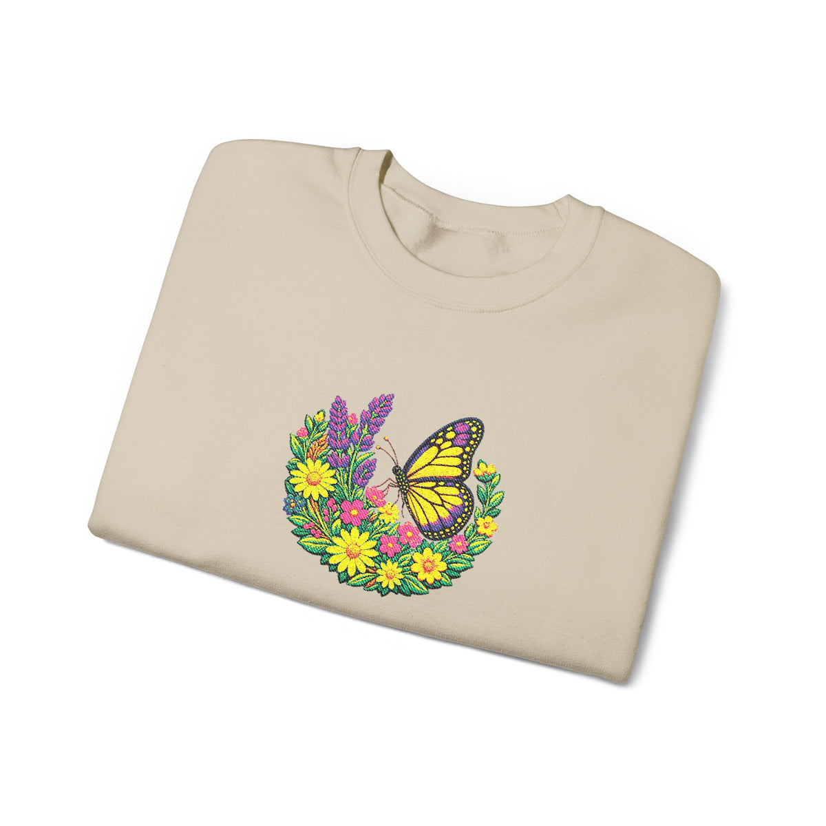 Butterfly Floral Crewneck Sweatshirt —Embroidery  Yellow Monarch Flower Wreath