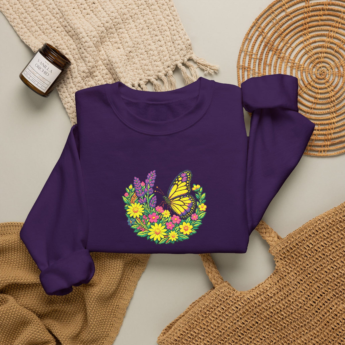 Butterfly Floral Crewneck Sweatshirt —Embroidery  Yellow Monarch Flower Wreath