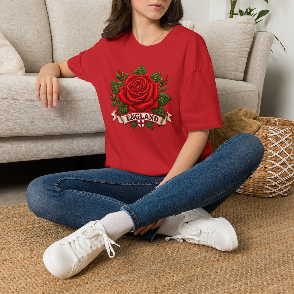 England Rose T-Shirt — Vintage Red Rose Floral Crest Tee