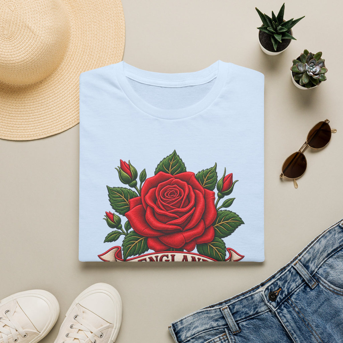England Rose T-Shirt — Vintage Red Rose Floral Crest Tee