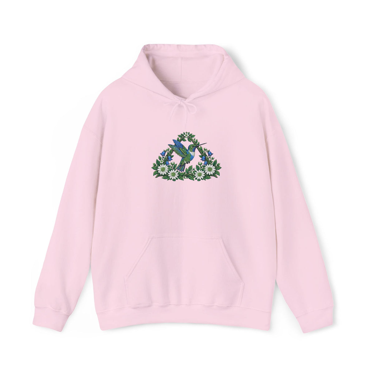 Embroidery Bird Floral Delta Triangle Hoodie — Blue & Green Botanical Graphic